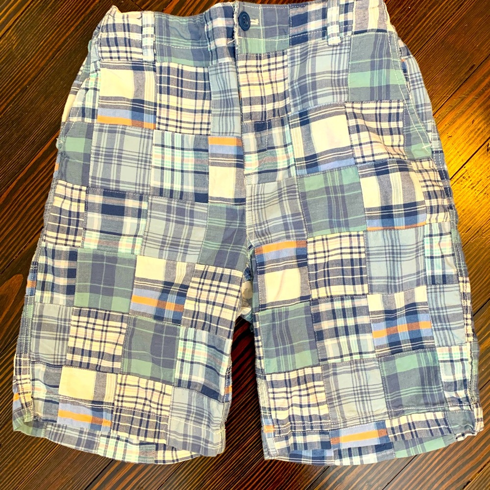 Boys Gap 18 husky blue + white madras Bermuda shorts. Plaid patches. - Picture 2 of 5